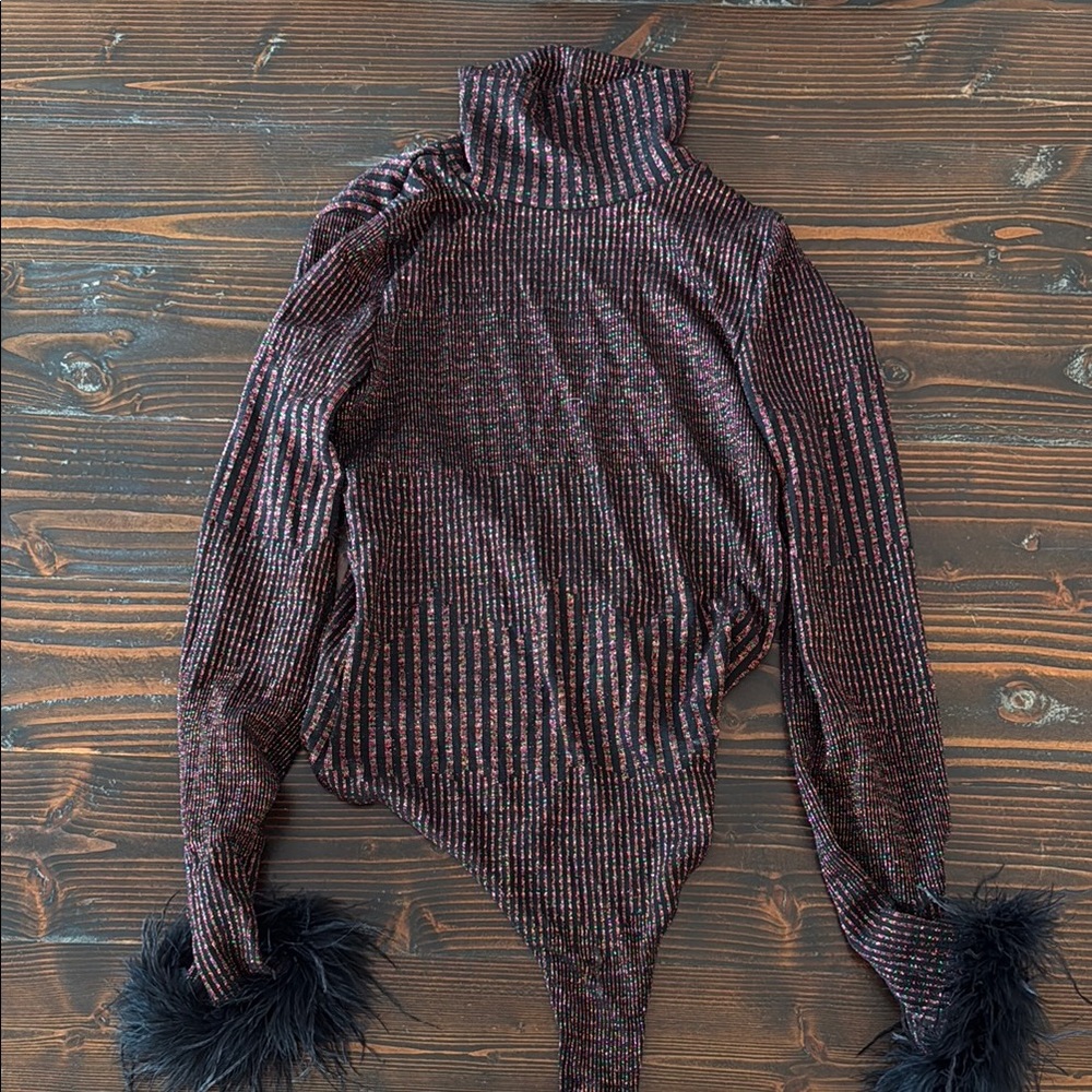 Striped Turtleneck Bodysuit with Feather Cuffs